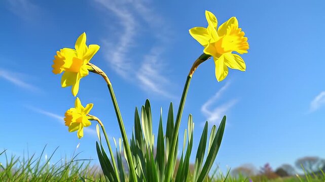 Daffodils Blooming Under a Clear Blue Sky - A Springtime Floral Scene