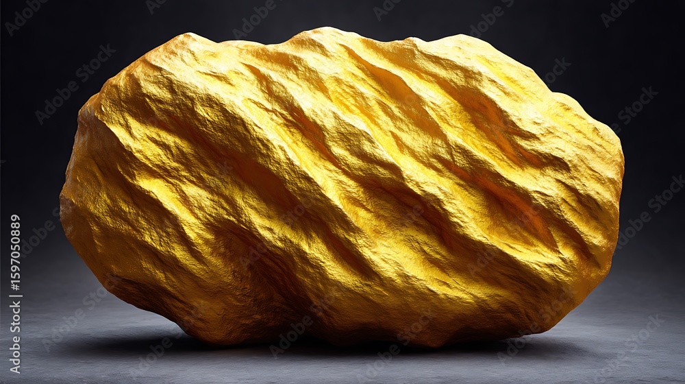 Poster a reflective abstract surface made from compressed and crumpled gold foil, showing complex light int