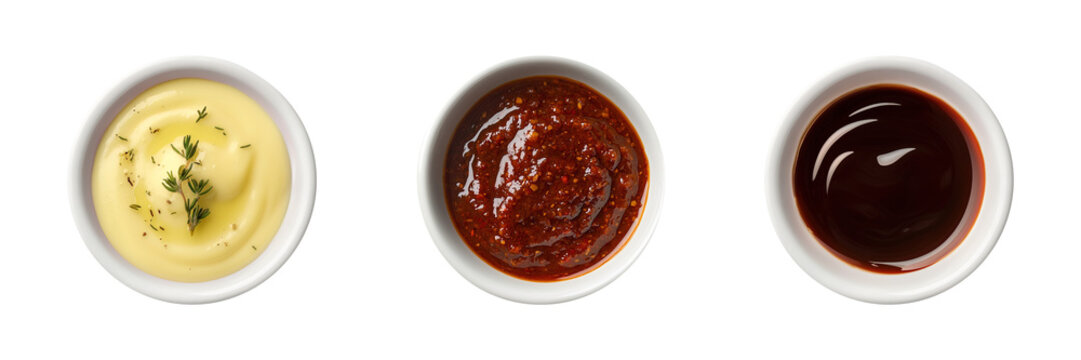 Hollandaise, gochujang, hoisin sauce in white ceramic bowl transparent PNG cutout set bundle, isolated background. Vibrant colorful flavor cue, culinary food condiment