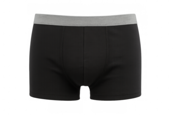 Black boxer shorts with grey elastic waistband, photographed close-up against transparent background, highlighting minimalist men's underwear design