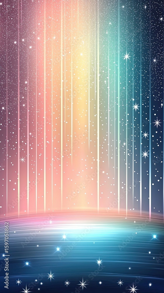 Poster pastel gradual clean vibrant cosmic background featuring gradient light rays and shimmering stars, c