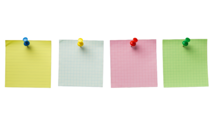 Four colorful sticky notes pinned together, showcasing vibrant variety and clear organization on transparent background