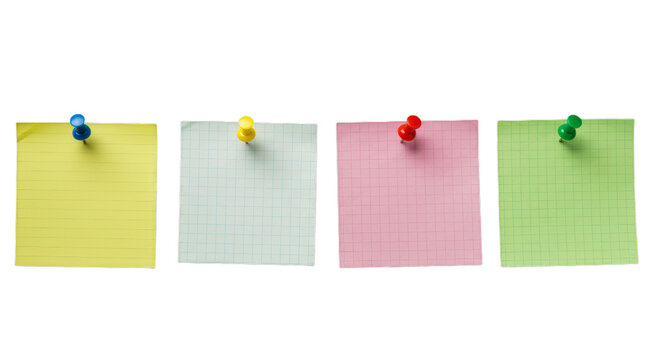 Four colorful sticky notes pinned together, showcasing vibrant variety and clear organization on transparent background