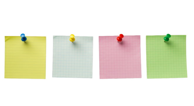 Four colorful sticky notes pinned together, showcasing vibrant variety and clear organization on transparent background