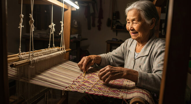Craftswoman at Weaving Loom Capturing Tradition and Skill in Textiles, Handmade Art, and Cultural Preservation