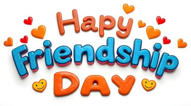 Extreme macro close-up of bold vector typography Happy Friendship Day with red, orange, and yellow hearts, handshakes, and smiley faces icons surrounding the text on a clean background