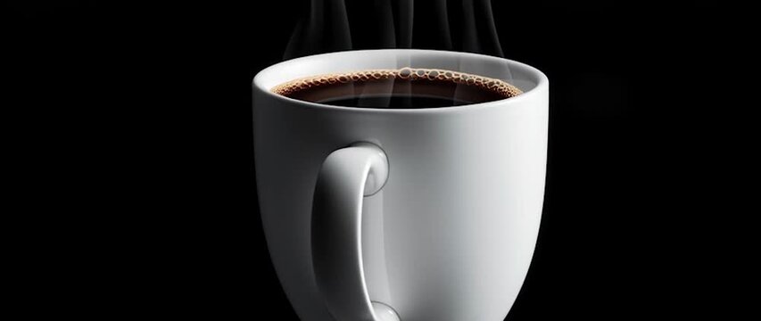Anamorphic video floating cup of coffee on a black background, white ceramic hot coffee cup with steam float up from cup on dark background