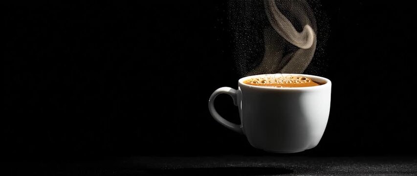 Anamorphic video floating cup of coffee on a black background, white ceramic hot coffee cup with steam float up from cup on dark background