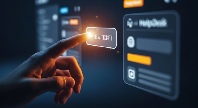 Support ticket creation concept. A finger touches a "+ NEW TICKET" button on a clean, minimal helpdesk holographic interface.
