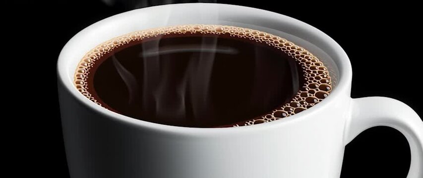 Anamorphic video floating cup of coffee on a black background, white ceramic hot coffee cup with steam float up from cup on dark background