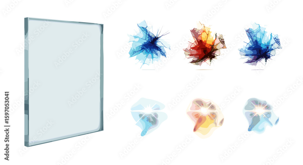 Poster a simple illustration showing a blank frame with six abstract colorful designs on a white background
