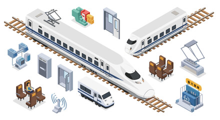 Isometric illustration showcasing a high speed train with interior elements and railroad tracks present