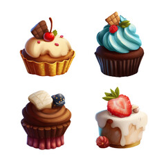 Four decorative cupcakes with various toppings including chocolate, berries, and cherries, presented with artistic detail and vibrant colors, perfect for confectionery or celebratory themes.