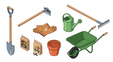 Isometric illustration of gardening tools including a shovel, rake, gloves, and wheelbarrow set up neatly