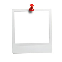 Blank square frame secured with pin on transparent background