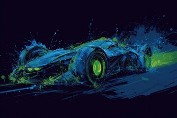 Dynamic futuristic car illustration with vibrant splashes of color on a dark background.