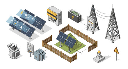 Obraz premium Isometric view of solar panel installation with energy storage and power transmission towers shown