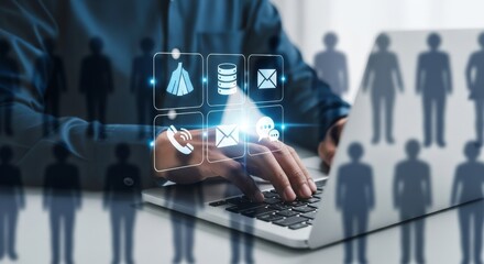 A person using a laptop with digital icons representing business services and customer connections overlaid
