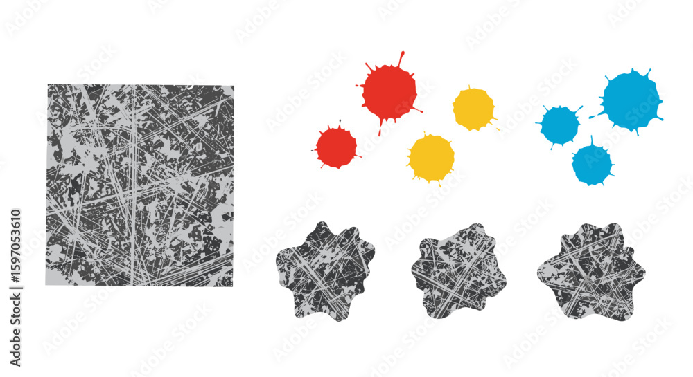 Poster abstract image featuring a rectangular textured shape and colorful paint splatters with textured sha
