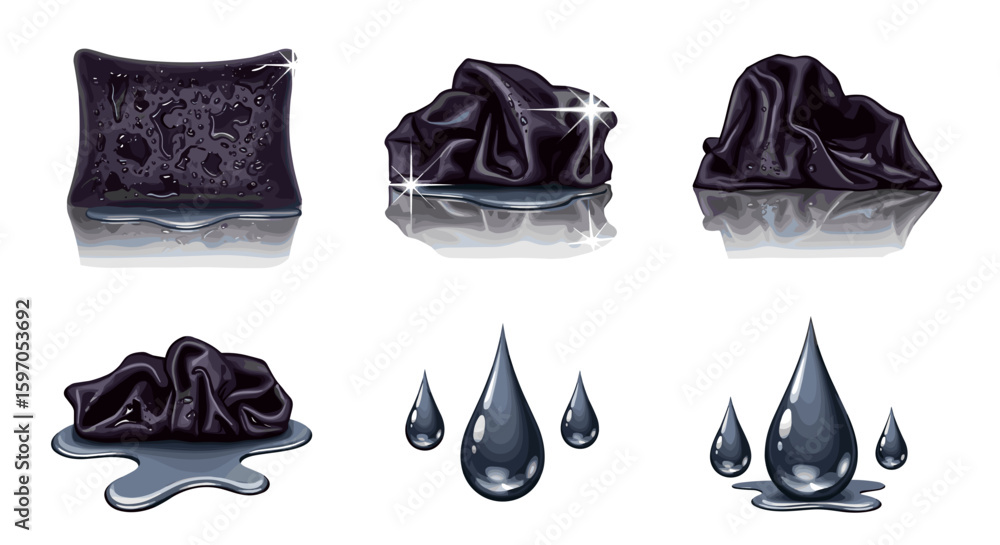 Poster illustration showing various forms of a dark liquid including drops and rectangular shapes and folde