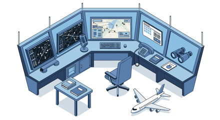 Isometric illustration of an air traffic control room with screens and an airplane model on the floor
