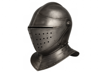 Close-up of a medieval knight's helmet, showcasing its protective features and intricate metalwork on a transparent background