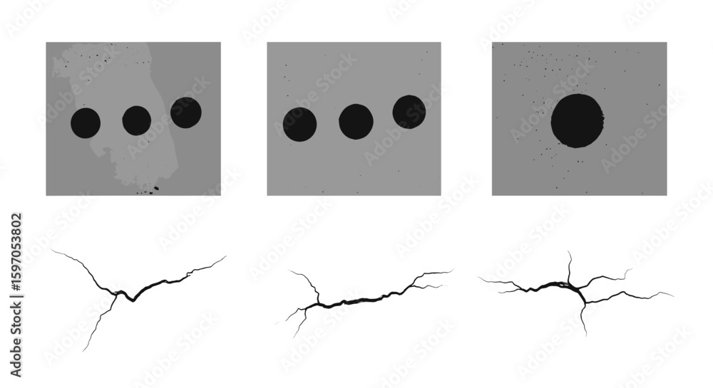 Poster three rectangular shapes with oval markings above three crack patterns in a grayscale arrangement