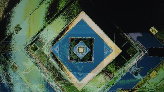 A computer screen shows a complex pattern of squares and triangles