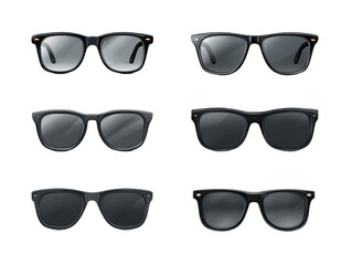 Assortment of Black Framed Sunglasses with Varying Lens Tints on Transparent Background, PNG