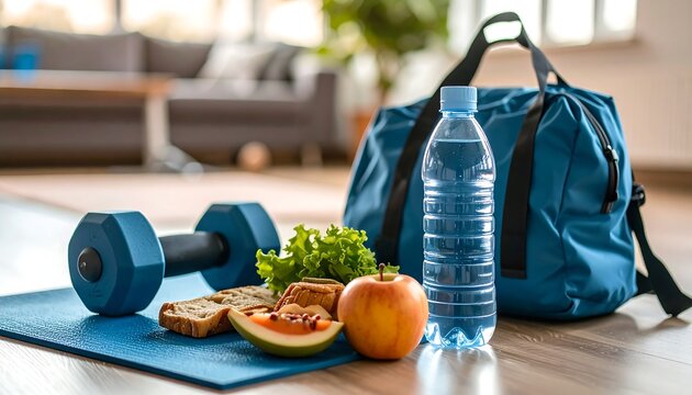 Gym bag, water bottle, dumbbells, healthy snacks, yoga mat