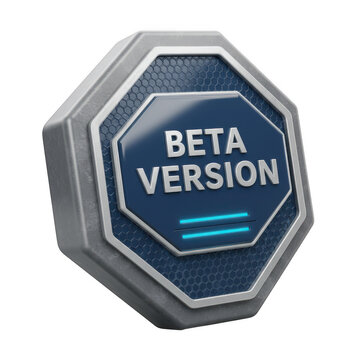 Futuristic hexagonal beta version button with glowing blue lights isolated on transparent background