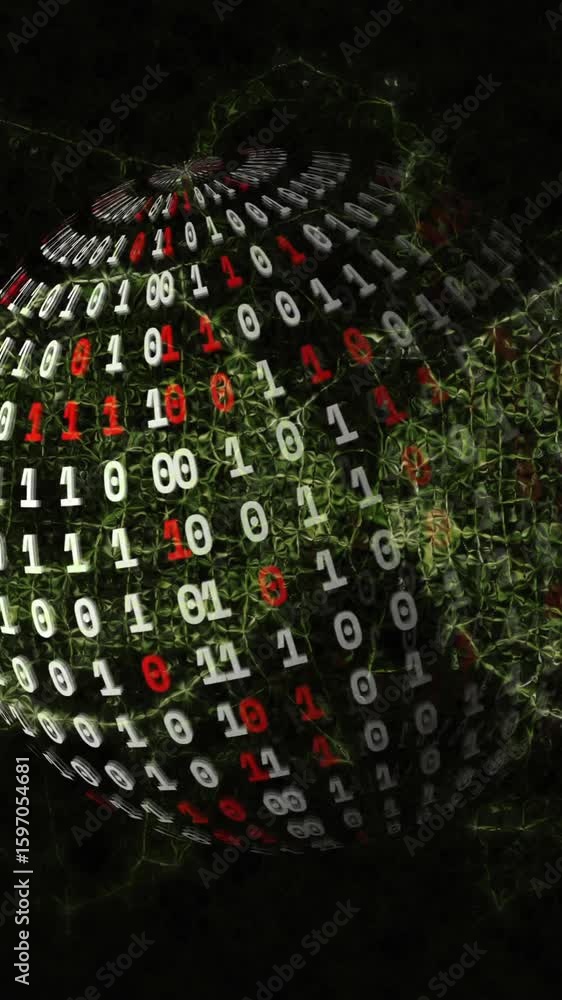 Poster animation of digital network connections forming binary code sphere in tech design