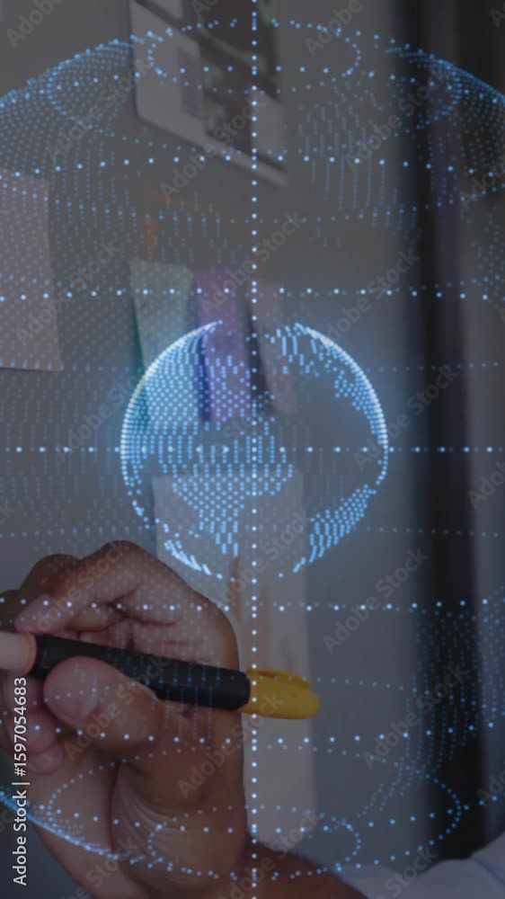 Poster analyzing data, business professional using digital globe and animation graphs