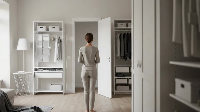 Rear view of a woman standing in a modern minimalist bedroom with an organized open closet system. Tidy and clean home interior design.