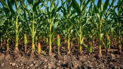 Lush Cornfield with Ripening Ears Under a Clear Blue Sky, Agriculture Scene