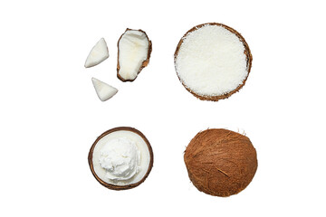 Coconut shavings, meat, and shells, isolated on white, PNG