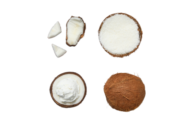 Coconut shavings, meat, and shells, isolated on white, PNG