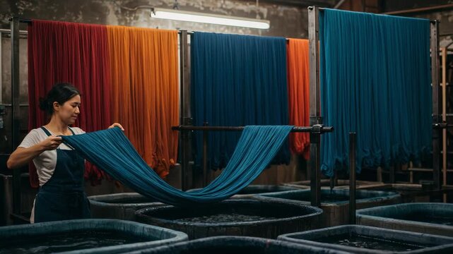 Young Asian woman working in a traditional textile dyeing factory. She is inspecting a long piece of blue fabric over vats of dye. Colorful textiles hang in the background.