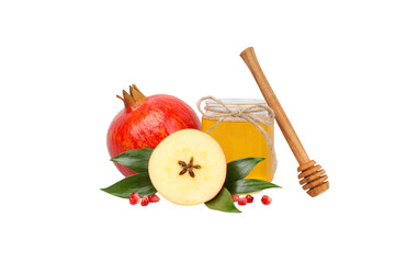 Juicy pomegranate and apple beside honey jar, isolated on white, PNG