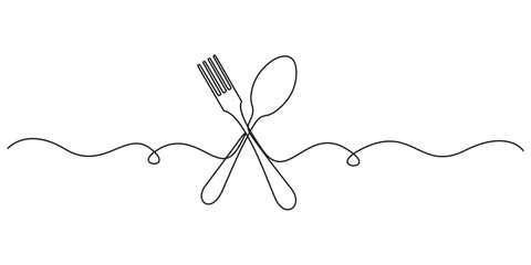 Continuous one line drawing of cutlery. Spoon and fork single line art kitchen equipment vector illustration © MD