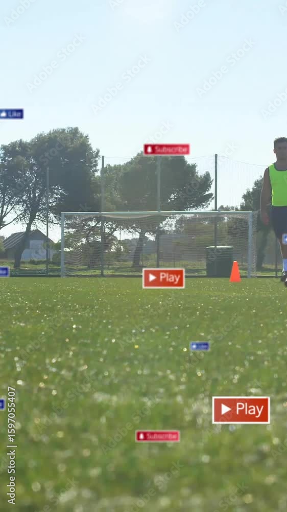 Poster training on field, soccer players with animation of digital play and subscribe icons