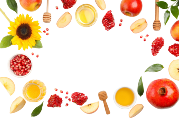 Colorful fruits and sunflowers frame text, isolated on white, PNG