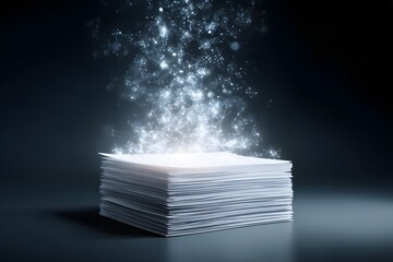 Digital transformation concept with a stack of paper transforming into a glowing data network
