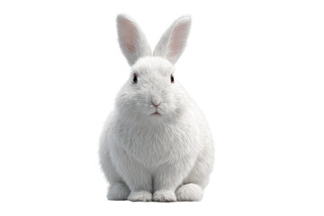 Obraz premium Fluffy White Rabbit Sitting Upright with Perky Ears, Front-Facing View, Isolated on Transparent Background
