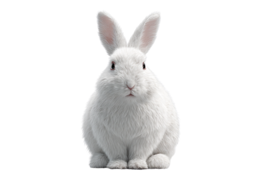 Fluffy White Rabbit Sitting Upright with Perky Ears, Front-Facing View, Isolated on Transparent Background