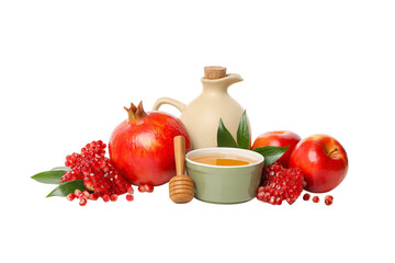 Fresh fruits, honey, pottery on white, isolated on white, PNG