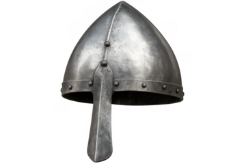 Medieval helmet with detailed nasal guard, highlighting intricate metalwork preservation, resting against transparent backdrop