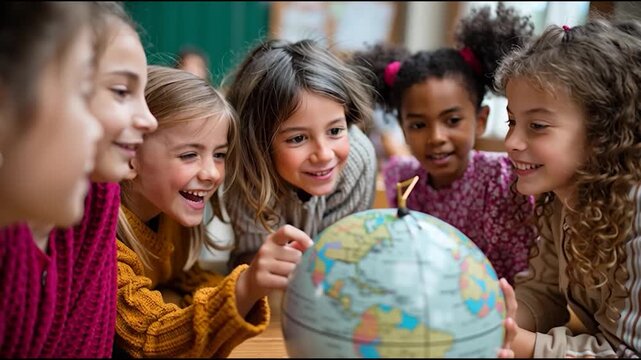 A group of young children are smiling and gathered around a globe in a classroom setting.