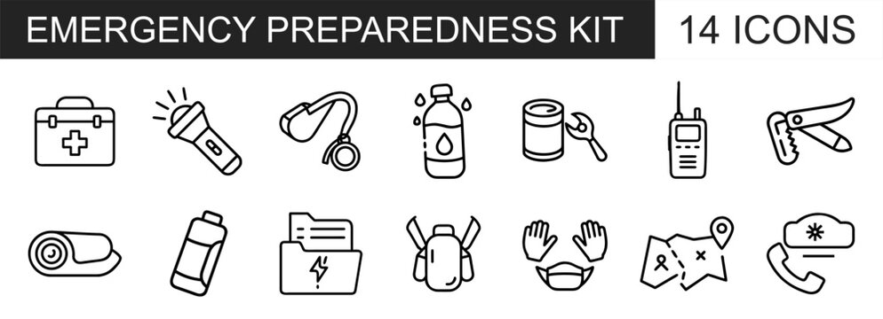 A set of 14 outline icons representing an emergency preparedness kit, featuring essential survival items like a first aid box, flashlight, water, tools, and communication devices.