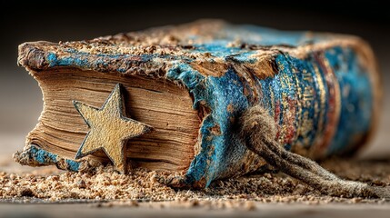 Close-up of a weathered antique book with a golden star.